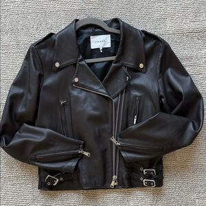 Frame Denim Black Leather Biker Jacket with Buckle Details